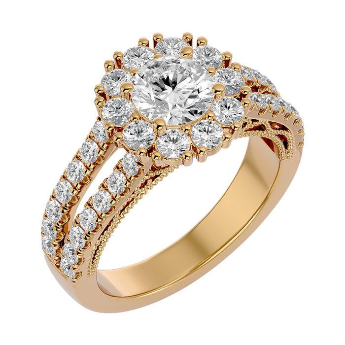 Moissanite Engagement Ring; 2 1/4 Carat Moissanite Halo Engagement Ring In 14 Karat Yellow Gold