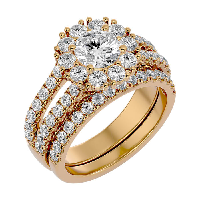 Moissanite Engagement Ring; 2 1/2 Carat Moissanite Bridal Set In 14 Karat Yellow Gold
