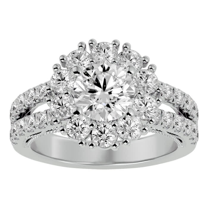 Moissanite Engagement Ring; 3 Carat Moissanite Halo Engagement Ring In 14 Karat White Gold