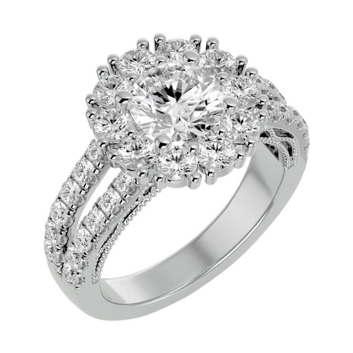 Moissanite Engagement Ring; 3 Carat Moissanite Halo Engagement Ring In 14 Karat White Gold