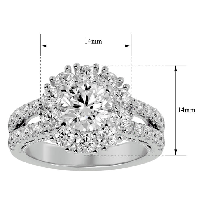 Moissanite Engagement Ring; 3 Carat Moissanite Halo Engagement Ring In 14 Karat White Gold