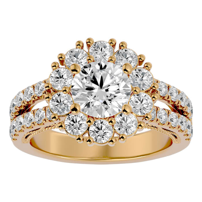 Moissanite Engagement Ring; 3 Carat Moissanite Halo Engagement Ring In 14 Karat Yellow Gold