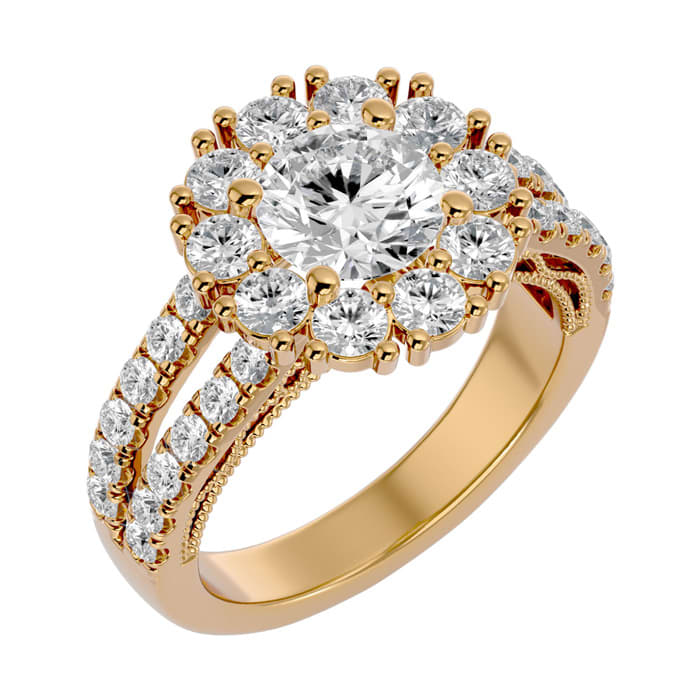 Moissanite Engagement Ring; 3 Carat Moissanite Halo Engagement Ring In 14 Karat Yellow Gold