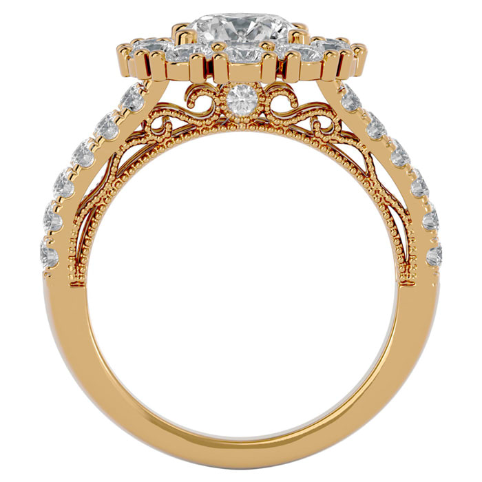 Moissanite Engagement Ring; 3 Carat Moissanite Halo Engagement Ring In 14 Karat Yellow Gold