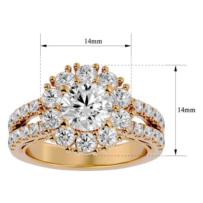 Moissanite Engagement Ring; 3 Carat Moissanite Halo Engagement Ring In 14 Karat Yellow Gold