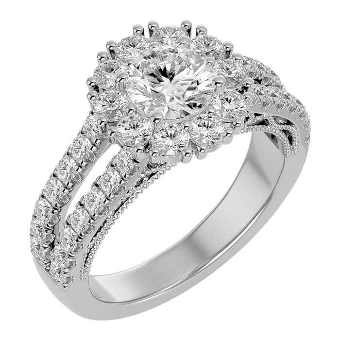 Moissanite Engagement Ring; 4 Carat Moissanite Halo Engagement Ring In 14 Karat White Gold