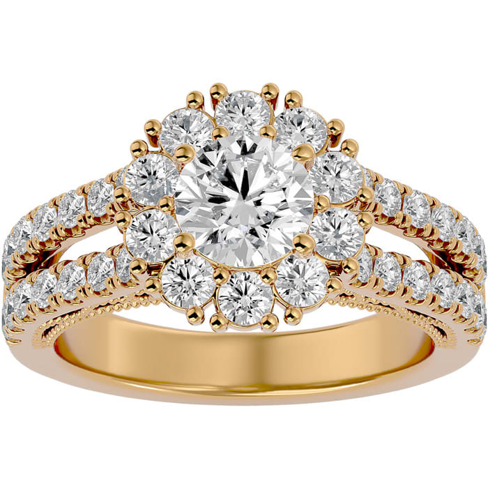 Moissanite Engagement Ring; 4 Carat Moissanite Halo Engagement Ring In 14 Karat Yellow Gold