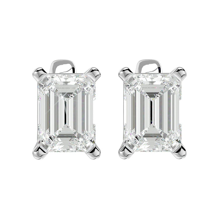 2 Carat Emerald Shape Moissanite Stud Earrings In 14 Karat White Gold