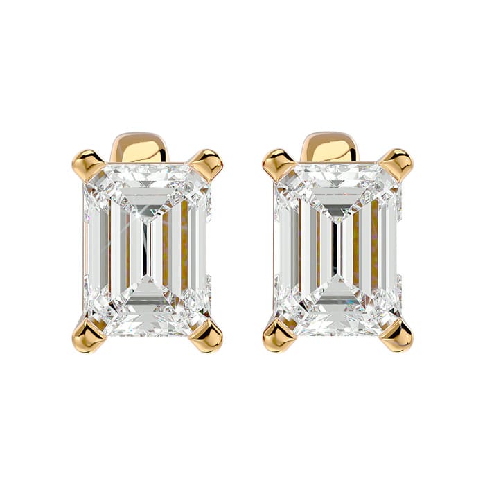 2 Carat Emerald Shape Moissanite Stud Earrings In 14 Karat Yellow Gold