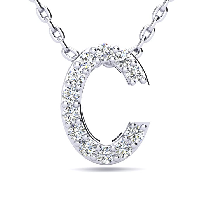 Letter C Diamond Initial Necklace In Sterling Silver With 12 Diamonds, 18 Inches