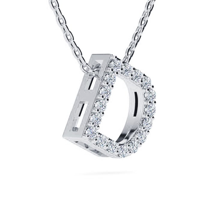 Letter D Diamond Initial Necklace In Sterling Silver With 17 Diamonds, 18 Inches