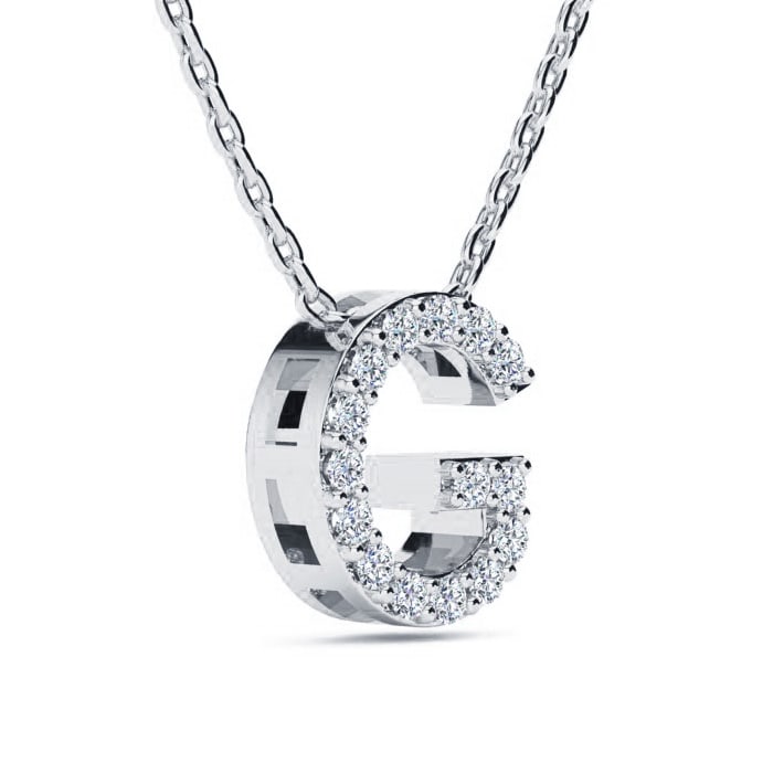 G Initial Necklace In Sterling Silver With 15 Diamonds, 18 Inches