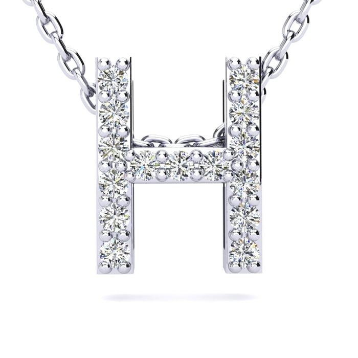H Initial Necklace In Sterling Silver With 15 Diamonds, 18 Inches