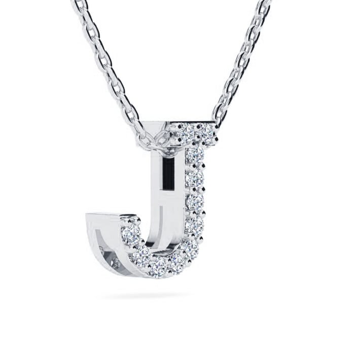 J Initial Necklace In Sterling Silver With 11 Diamonds, 18 Inches