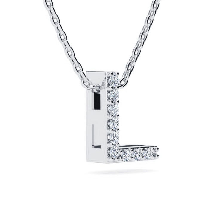 L Initial Necklace In Sterling Silver With 9 Diamonds, 18 Inches