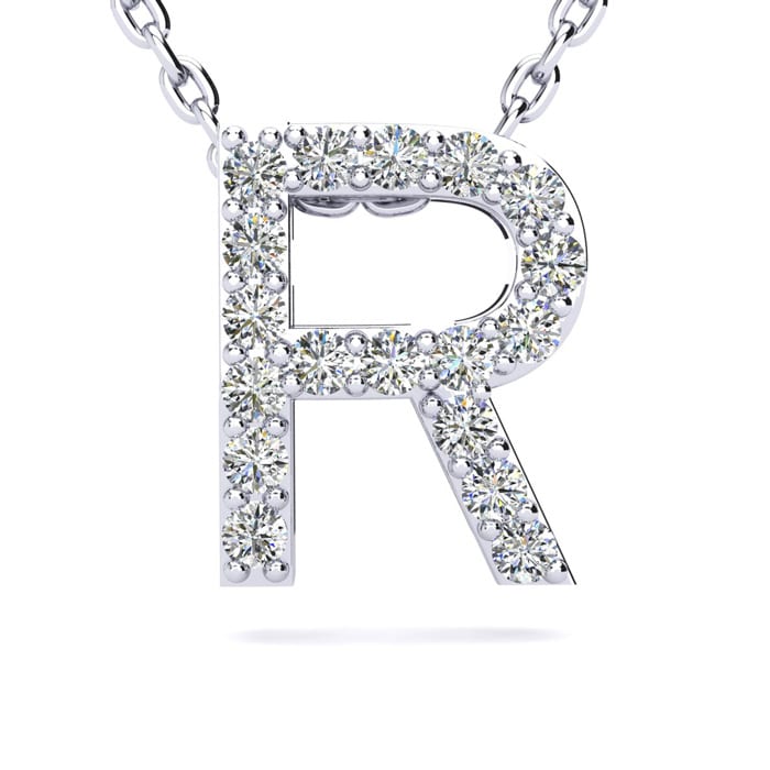 Letter R Diamond Initial Necklace In Sterling Silver With 18 Diamonds, 18 Inches