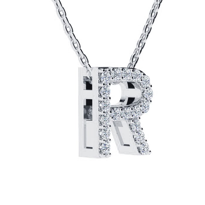 Letter R Diamond Initial Necklace In Sterling Silver With 18 Diamonds, 18 Inches