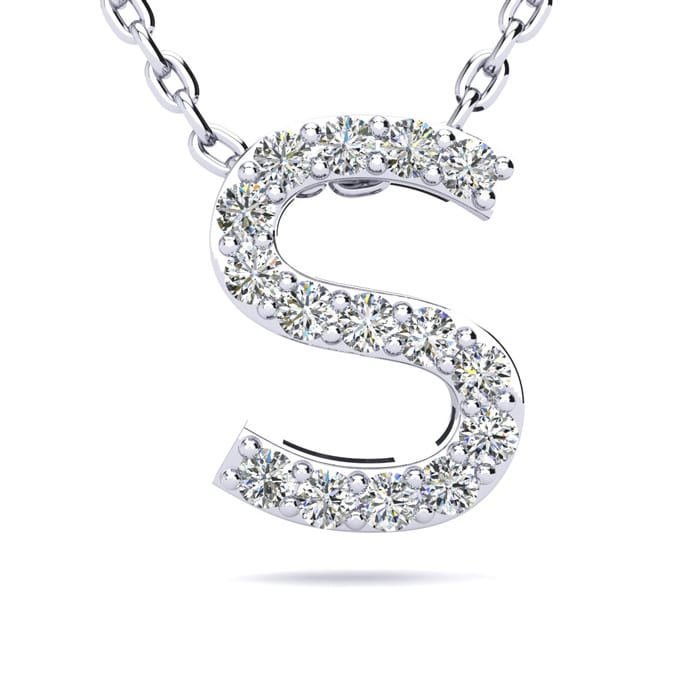 S Initial Necklace In Sterling Silver With 15 Diamonds, 18 Inches