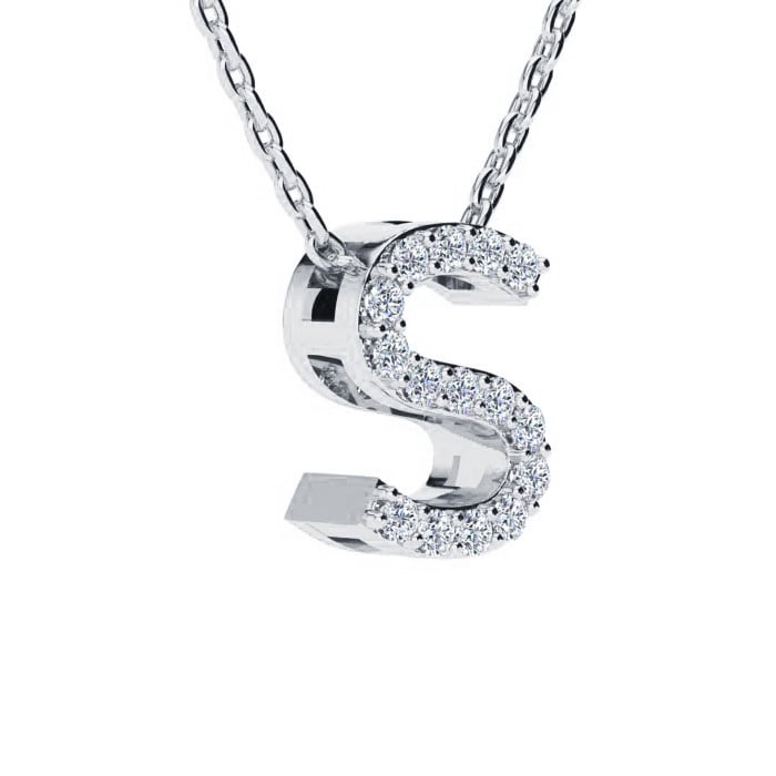 S Initial Necklace In Sterling Silver With 15 Diamonds, 18 Inches