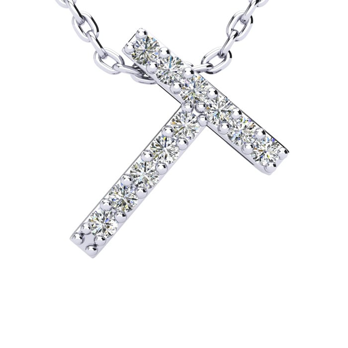 Letter T Diamond Initial Necklace In Sterling Silver With 11 Diamonds, 18 Inches