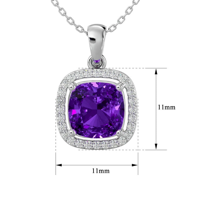 2 1/4 Carat Cushion Cut Amethyst and Halo Diamond Necklace In 14 Karat White Gold, 18 Inches