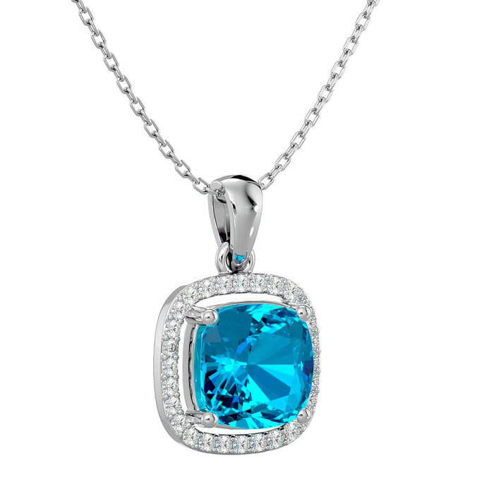 2 3/4 Carat Cushion Cut Blue Topaz and Halo Diamond Necklace In 14 Karat White Gold, 18 Inches