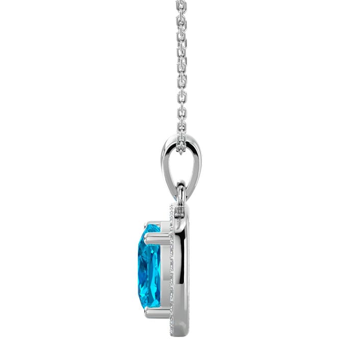 2 3/4 Carat Cushion Cut Blue Topaz and Halo Diamond Necklace In 14 Karat White Gold, 18 Inches