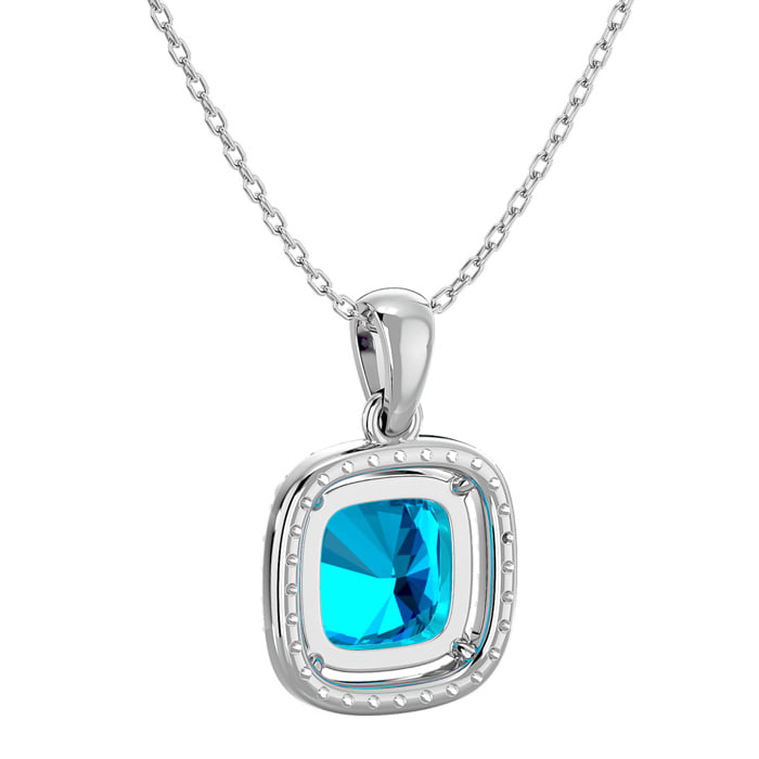 2 3/4 Carat Cushion Cut Blue Topaz and Halo Diamond Necklace In 14 Karat White Gold, 18 Inches