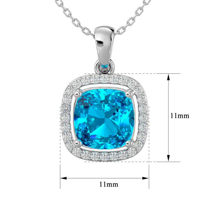 2 3/4 Carat Cushion Cut Blue Topaz and Halo Diamond Necklace In 14 Karat White Gold, 18 Inches