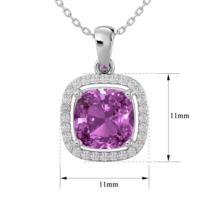 2 3/4 Carat Cushion Cut Pink Topaz and Halo Diamond Necklace In 14 Karat White Gold, 18 Inches