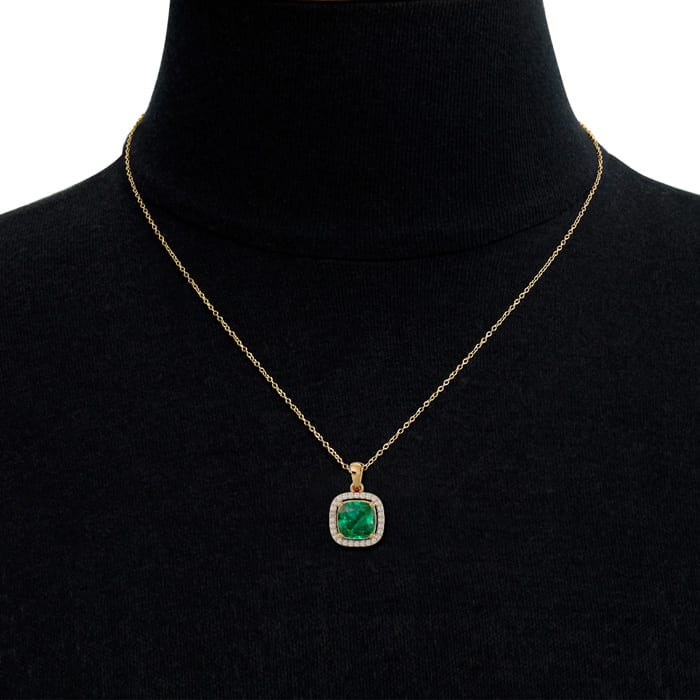 2-1/4 Carat Cushion Shape Emerald Necklaces With Diamond Halo In 14 Karat Yellow Gold, 18 Inch Chain