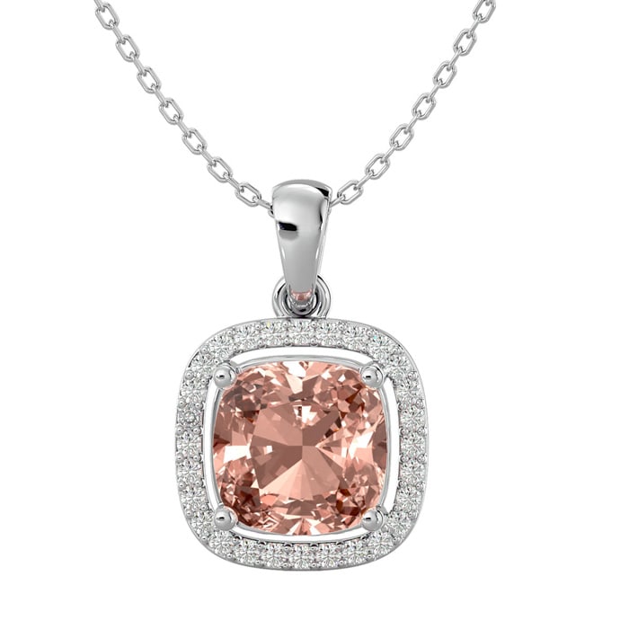 3-1/4 Carat Cushion Shape Morganite With Diamond Halo In 14 Karat White Gold With 18 Inch Chain