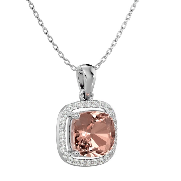 3-1/4 Carat Cushion Shape Morganite With Diamond Halo In 14 Karat White Gold With 18 Inch Chain