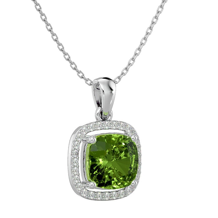 2 3/4 Carat Cushion Cut Peridot and Halo Diamond Necklace In 14 Karat White Gold, 18 Inches