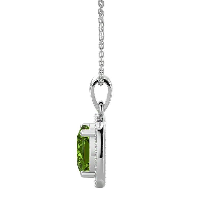2 3/4 Carat Cushion Cut Peridot and Halo Diamond Necklace In 14 Karat White Gold, 18 Inches