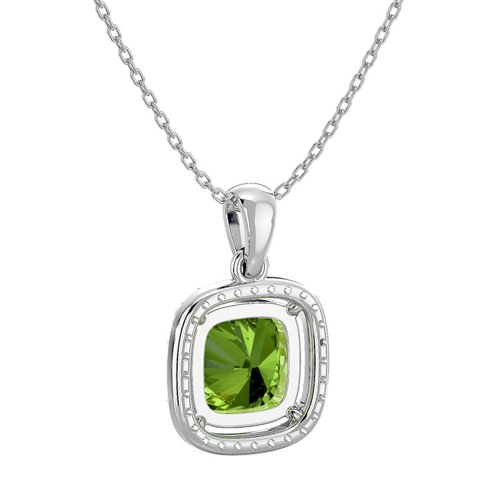 2 3/4 Carat Cushion Cut Peridot and Halo Diamond Necklace In 14 Karat White Gold, 18 Inches