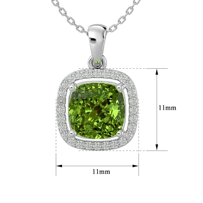 2 3/4 Carat Cushion Cut Peridot and Halo Diamond Necklace In 14 Karat White Gold, 18 Inches