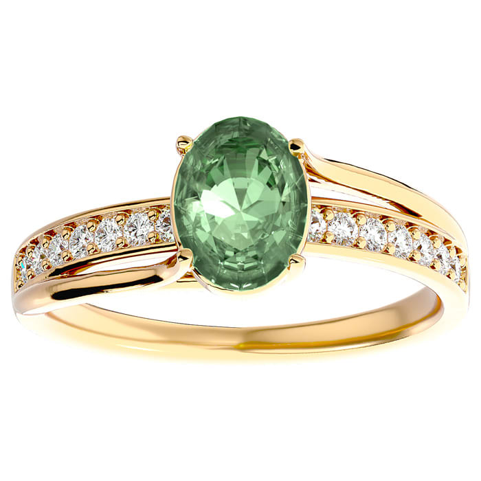 1 1/4 Carat Oval Shape Green Amethyst and Diamond Ring In 14 Karat Yellow Gold