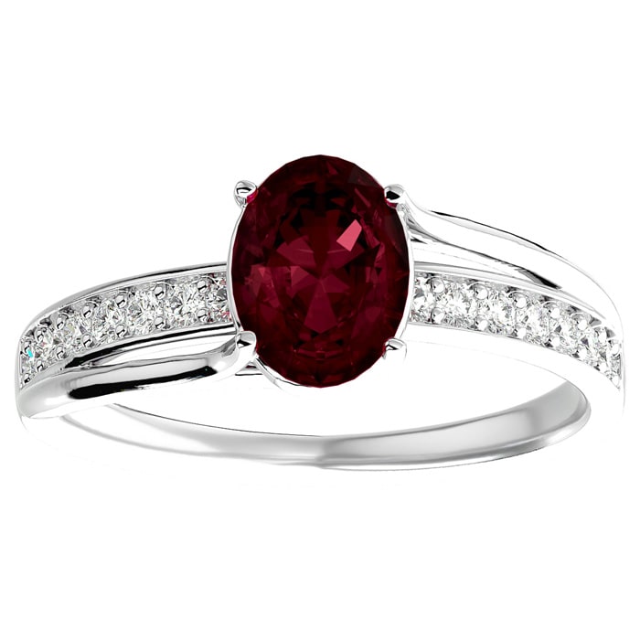Garnet Ring: Garnet Jewelry: 1 3/4 Carat Oval Shape Garnet and Diamond Ring In 14 Karat White Gold