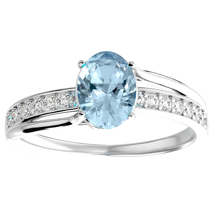 Aquamarine Ring: Aquamarine Jewelry: 1 1/3 Carat Oval Shape Aquamarine and Diamond Ring In 14 Karat White Gold