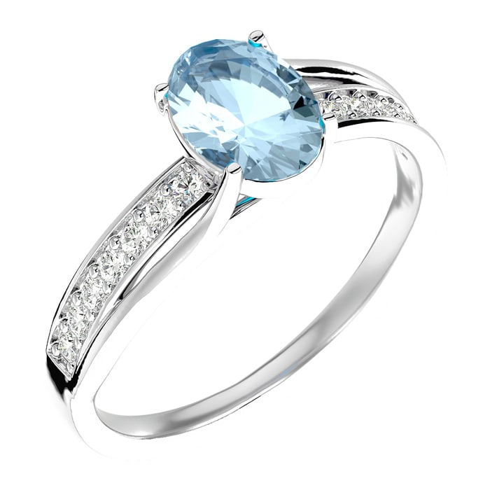 Aquamarine Ring: Aquamarine Jewelry: 1 1/3 Carat Oval Shape Aquamarine and Diamond Ring In 14 Karat White Gold