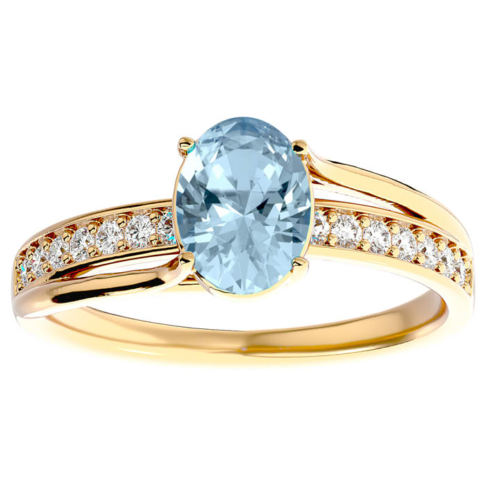 Aquamarine Ring: Aquamarine Jewelry: 1 1/3 Carat Oval Shape Aquamarine and Diamond Ring In 14 Karat Yellow Gold