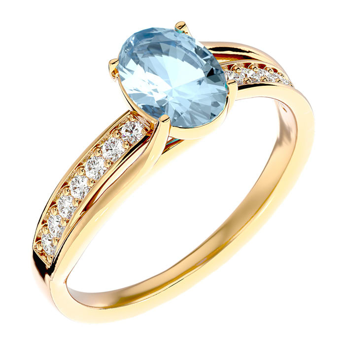 Aquamarine Ring: Aquamarine Jewelry: 1 1/3 Carat Oval Shape Aquamarine and Diamond Ring In 14 Karat Yellow Gold