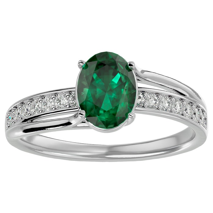 1 1/3 Carat Oval Shape Emerald and Diamond Ring In 14 Karat White Gold