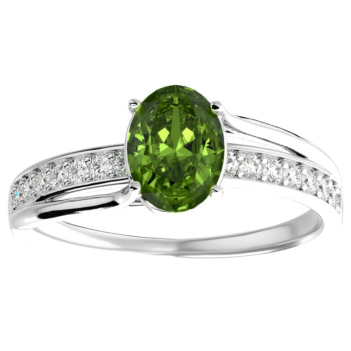 1 1/2 Carat Oval Shape Peridot and Diamond Ring In 14 Karat White Gold