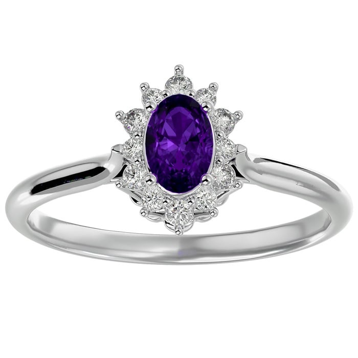 2/3 Carat Oval Shape Amethyst and Halo Diamond Ring In 14 Karat White Gold