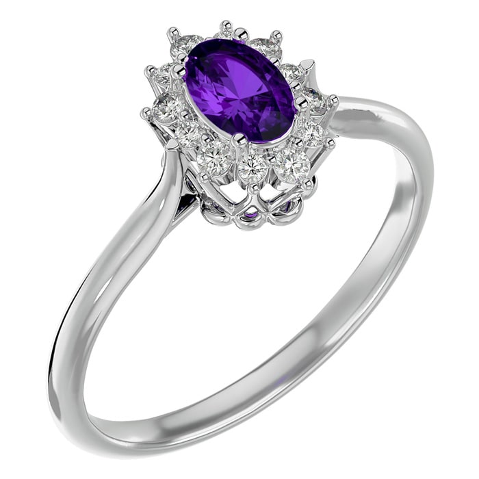2/3 Carat Oval Shape Amethyst and Halo Diamond Ring In 14 Karat White Gold