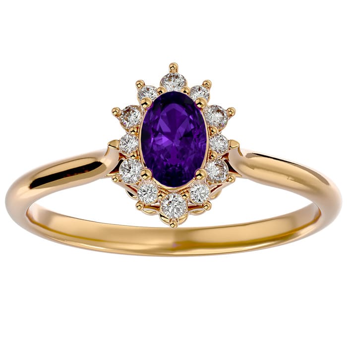 2/3 Carat Oval Shape Amethyst and Halo Diamond Ring In 14 Karat Yellow Gold