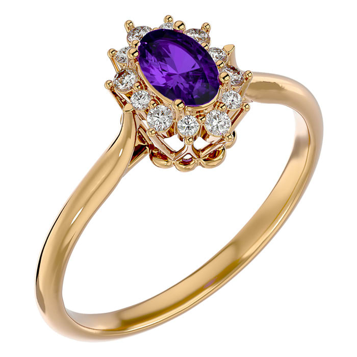 2/3 Carat Oval Shape Amethyst and Halo Diamond Ring In 14 Karat Yellow Gold