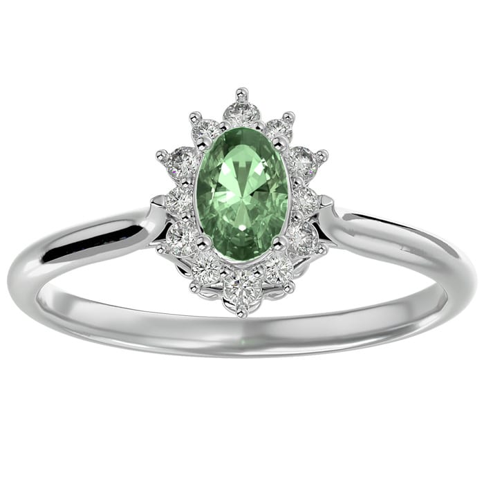 2/3 Carat Oval Shape Green Amethyst and Halo Diamond Ring In 14 Karat White Gold